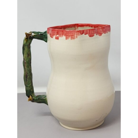 Handcrafted Ceramic Pitcher/Creamer Unique Green‎ Textured Branch Handle Red Rim - Picture 3 of 10